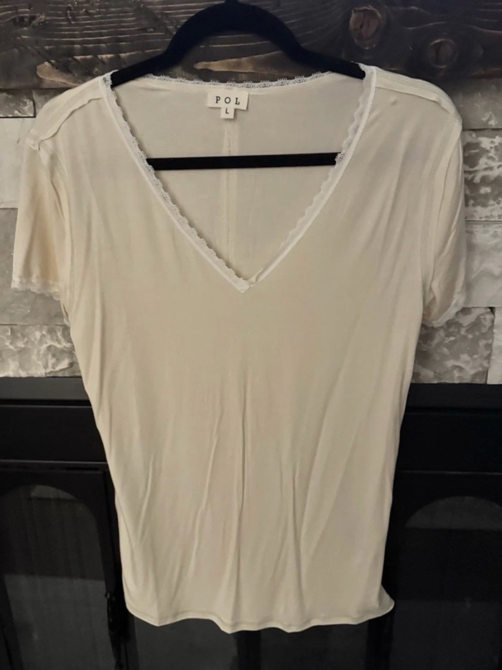 POL Cream V-Neck Short Sleeve Sleep Tee with Lace Trim
